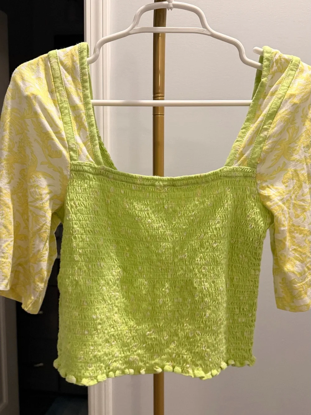 Free People Lime Green Smocked Square-Neck Crop Top with Patterned Puff Sleeves